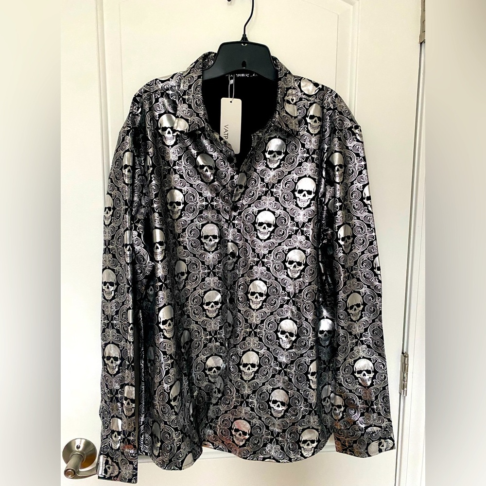 💀 METALLIC SKULL SHIRT 💀 BLACK & SILVER MENS LONG SLV BUTTON-UP GOTHIC NEW